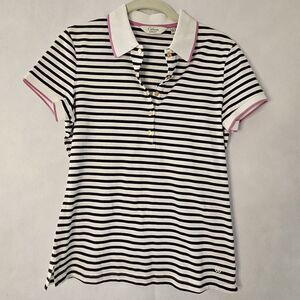 CLOVER By Bobby Jones Sz S Black & White Stripe Polo Womens Gold Button